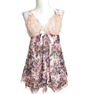 Y2K Lace Floral Babydoll Tank Top L Mesh Nightie Fairy Grunge Coquette Festival